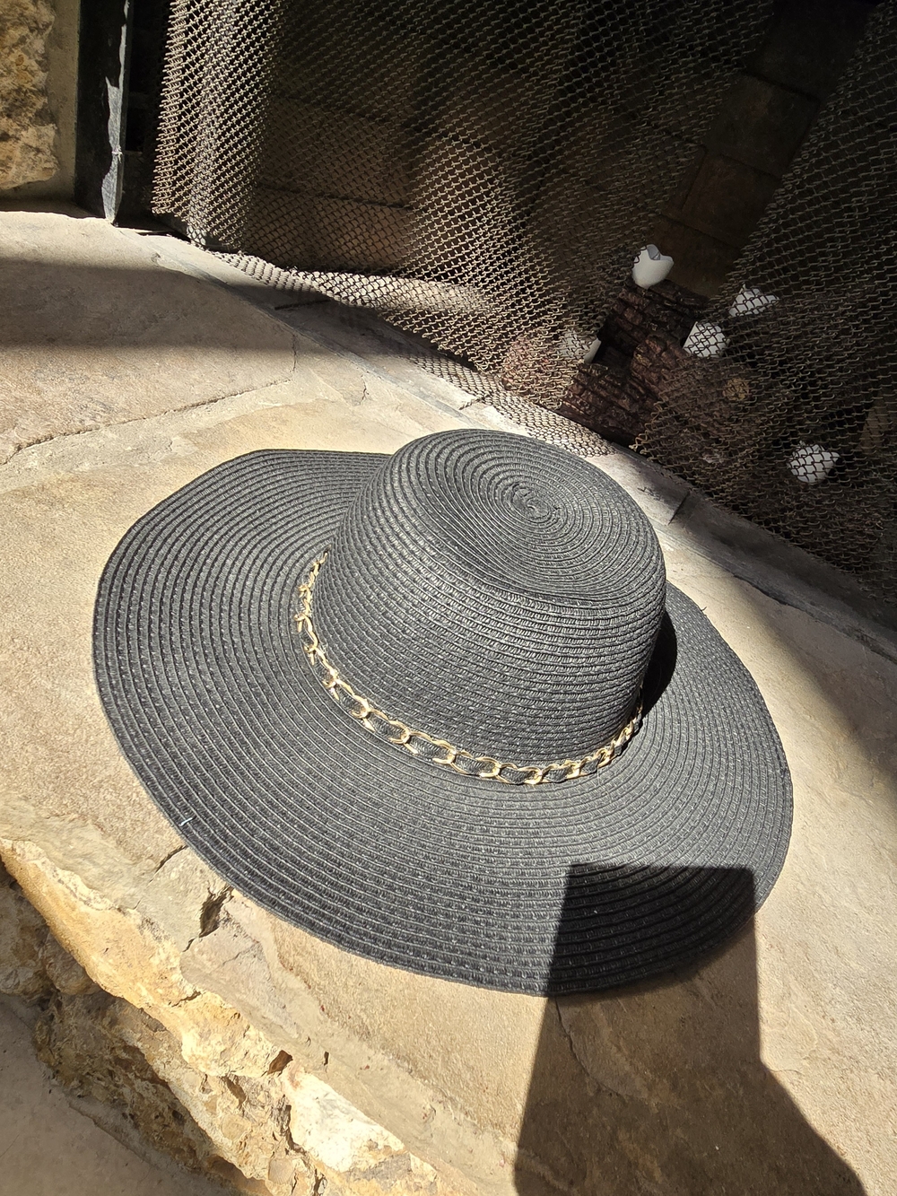 Charming Charlie Black Wide-Brim Sun Hat with Gold Chain Trim